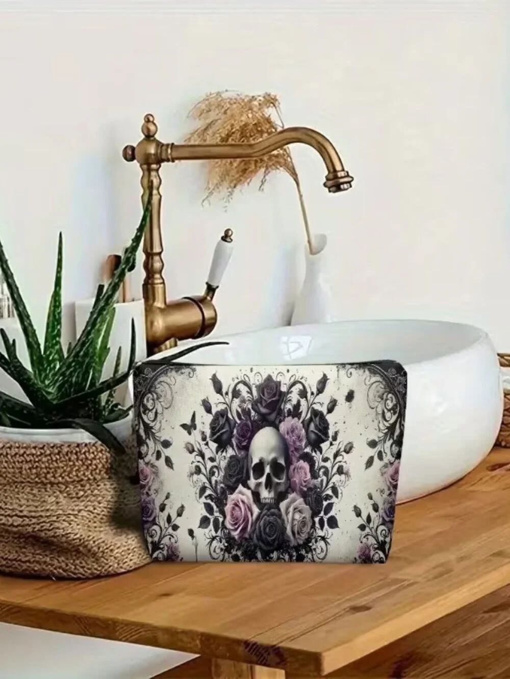 Halloween Goth Skull & Black Roses Makeup Bag Double-Sided 6.9h" x 9.3"w